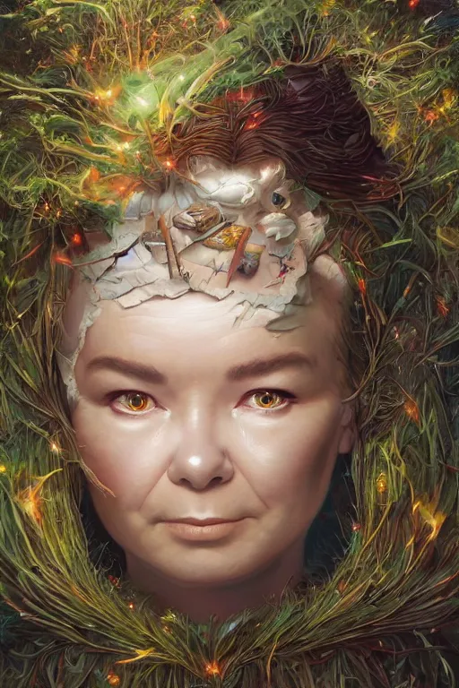 Image similar to beautiful bjork portrait by hubert robert and lee madgwick and roger dean and jacek yerka, dan mumford and alex grey style, soft lighting, 4 k hd wallpaper illustration concept joy atmospheric lighting