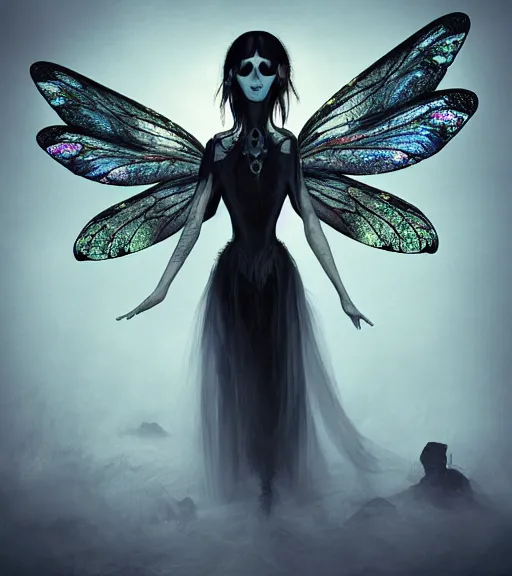 Image similar to gothic fairy with dragonfly wings, digital painting, liminal eerie midnight backlit, a picture taken by Michael Komarckand Daniel Dos Santos