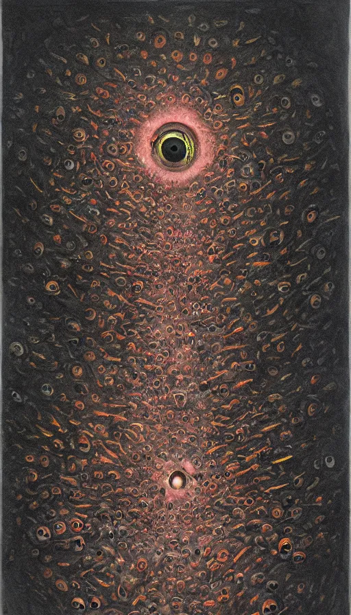 Image similar to a storm vortex made of many demonic eyes and teeth, by dan witz