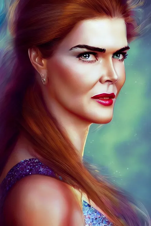 Image similar to mix of beautiful young maria shriver, mariel hemmingway, brooke shields, nicole kidman and elle macpherson as a mermaid, thin lips, hair tied up in a pony tail, dark hair, colorful, artstation, cgsociety