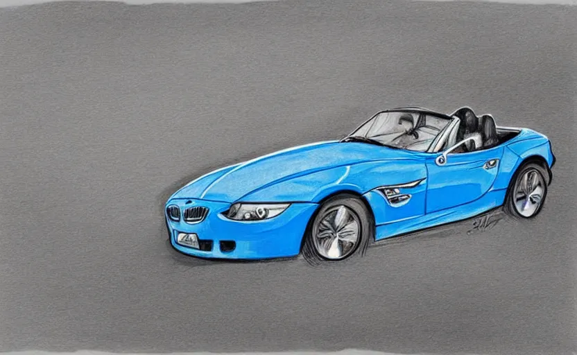 Image similar to “Caricature drawing of convertible Blue BMW Z3 and happy driver waving his hand.”