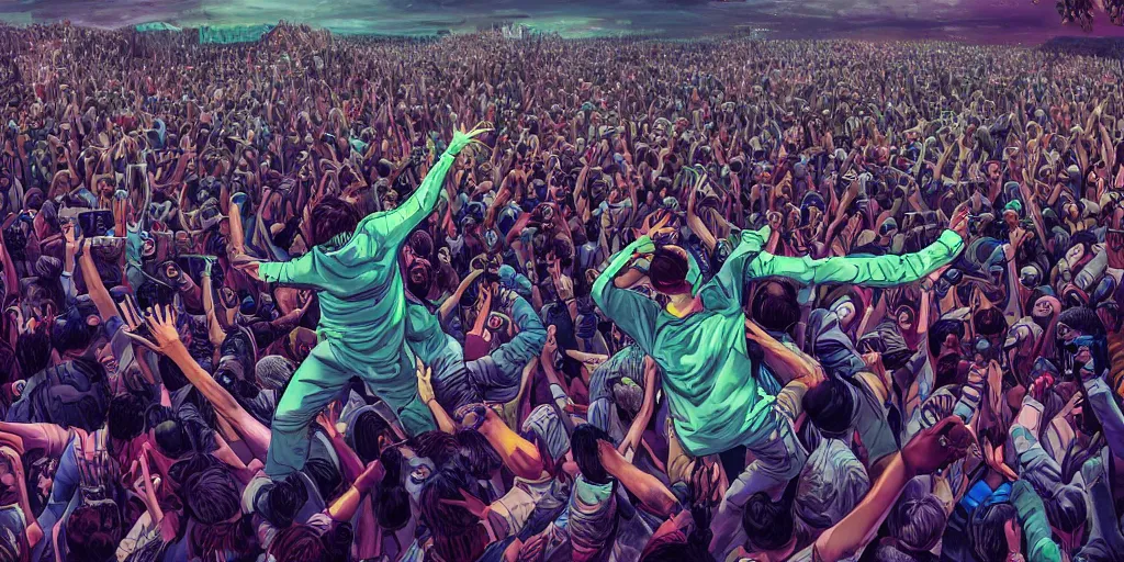 Prompt: rapper leaning over huge crowd reaching up to him, thunder and lightning, clouds, digital art, vapor wave, hip hop, trending on Artstation, professional artist, detailed, 4k