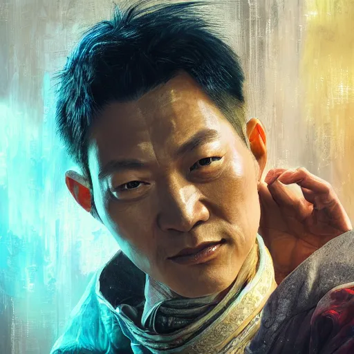 Image similar to portrait painting of a 3 5 - year - old chinese man, taoist priest, like andy lau, immortal bone, affable by wenjun lin, irakli nadar, bright colors, octopath traveler, wenjun lin, unreal engine 5 highly rendered, global illumination, radiant light, detailed and intricate environment
