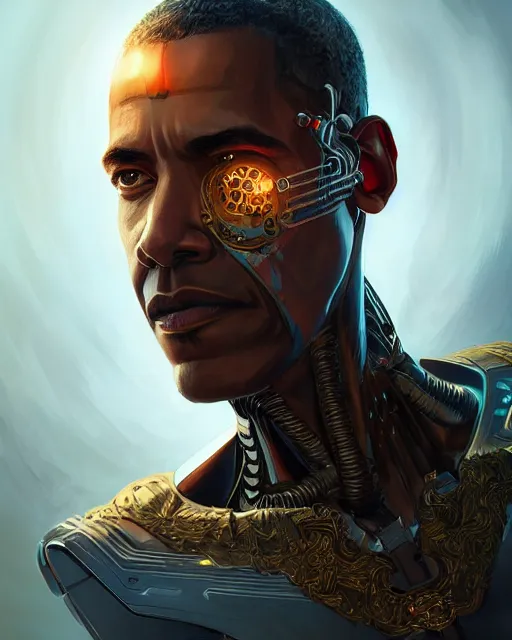 Image similar to portrait of holy cyborg barack obama savior, god, fantasy, intricate, elegant, highly detailed, digital painting, artstation, concept art, smooth, sharp focus, illustration, by artgerm and greg rutkowski