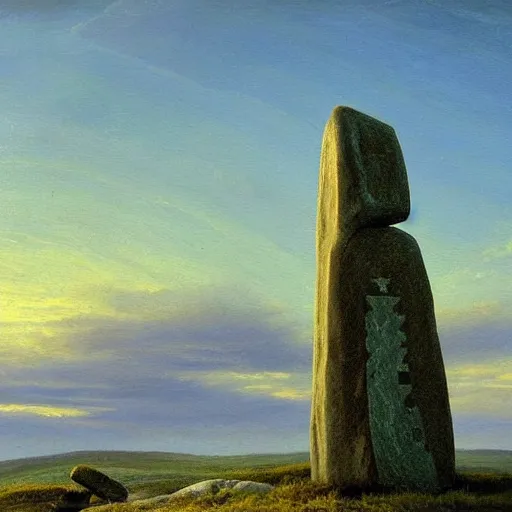 Prompt: a beautifully detailed oil painting of a menhir covered in celtic runes, on the top of a hill, dusk, caspar david friedrich, artstation