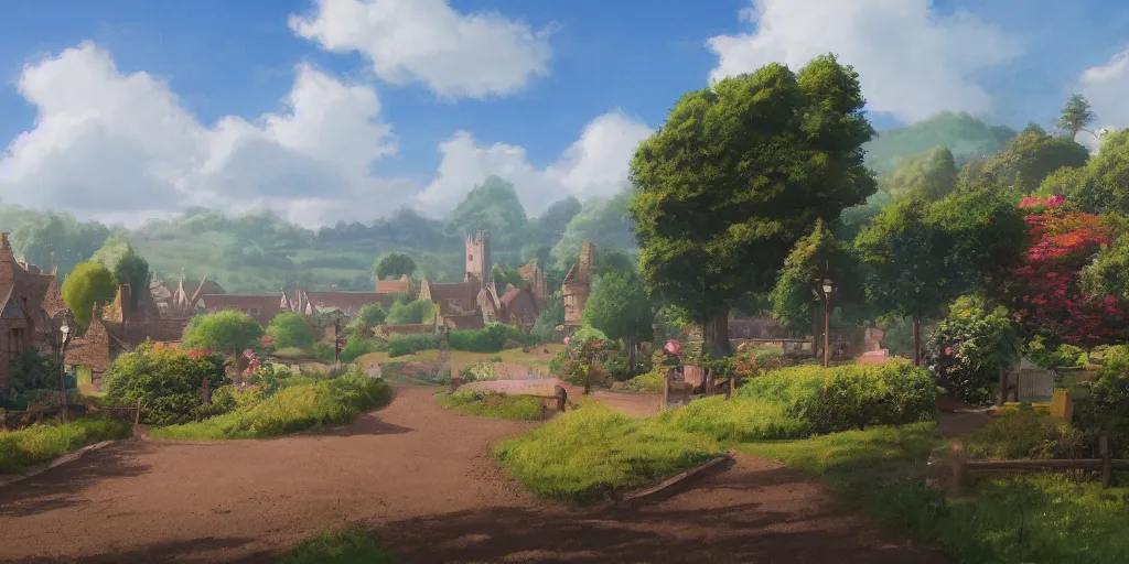 Image similar to background plate matte painting ghibli pixar dreamworks vista english countryside.