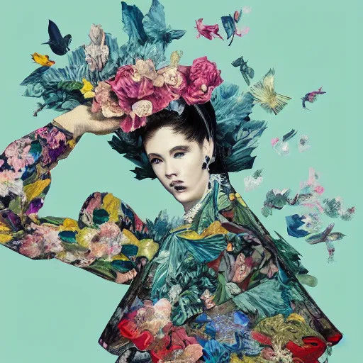 Prompt: 3 / 4 view of a beautiful girl wearing an origami dress, eye - level medium shot, fine floral ornaments in cloth and hair, hummingbirds, elegant, by eiko ishioka, givenchy, henri de toulouse - lautrec, by peter mohrbacher, centered, fresh colors, origami, fashion, detailed illustration, vogue, japanese, reallusion character creator