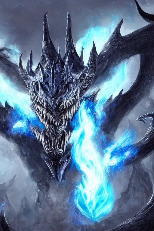 Image similar to a dark blue dragonborn with large tusks, half of his face flaming with blue flame, he wears a black dragon scales armor, art