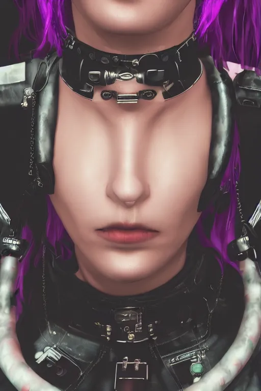 Image similar to detailed realistic female rock star cyberpunk wearing thick technological collar around neck, realistic, art, beautiful, 4K, collar, choker, collar around neck, punk, artstation, detailed, female, woman, choker, cyberpunk, neon, punk, collar, choker, collar around neck, thick collar, tight around neck, punk,