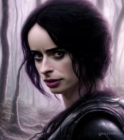 Image similar to 5 5 mm close up portrait photo of krysten ritter as yennefer of vengerberg in black leather armor and long black thick hair who has purple eyes, in a forest. magical atmosphere. art by greg rutkowski. lifelike. very detailed 8 k. intricate. soft light. nikon d 8 5 0.