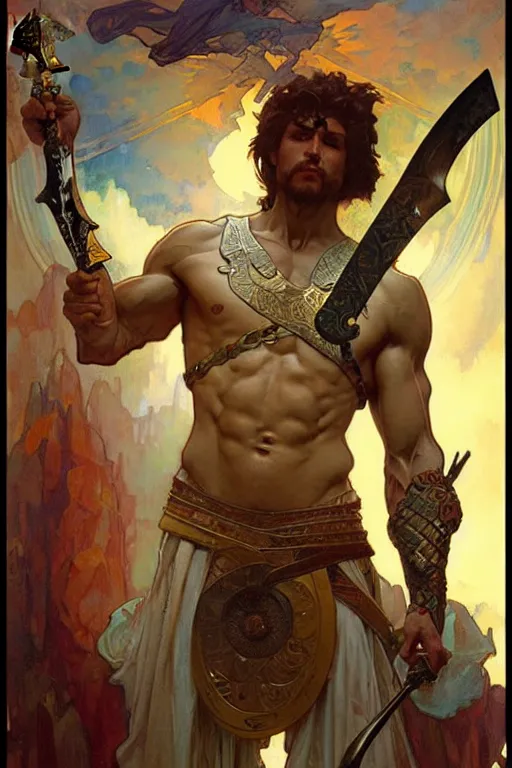 Image similar to A god holding a sword, muscular, fantasy, painting by greg rutkowski and alphonse mucha