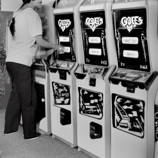 Image similar to geese playing arcade machines, 1 9 8 5