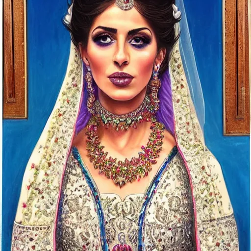 Image similar to full body portrait of a beautiful Kurdish bride wearing beautiful a beautiful wedding dress, very detailed eyes, hyperrealistic, beautiful, very detailed painting by Glenn Fabry, trending on artstation, extremely high detail, incredibly intricate