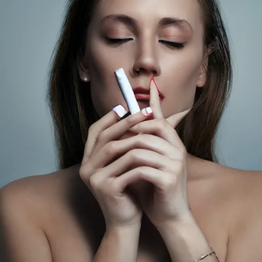 Prompt: Close-up of hyperrealistic highly detailed female hand holding cigarette with smoke, white background, 4K