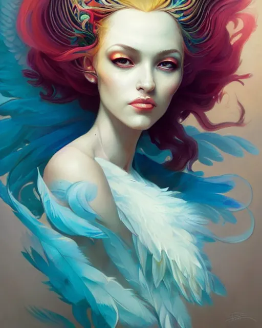 Prompt: beautiful feathered beauty portrait, artgerm, peter mohrbacher, radiant light, swirling feathers