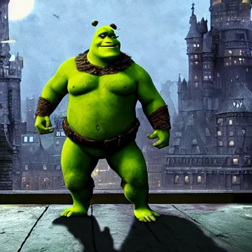 Image similar to shrek as the batman in the new batman film, by steven spielberg, ultra realistic, photoreal, 8 k