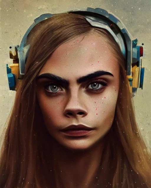 Image similar to closeup face profile portrait of cara delevingne as a soviet chernobyl space toy, bikini, depth of field, zeiss lens, detailed and intricate environment, fashion photoshoot by nicoletta ceccoli, mark ryden, lostfish, breathtaking, 8 k resolution, artistic, hyperrealistic, octane render