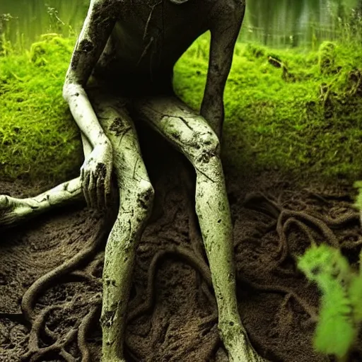 Image similar to Enigmatic Slender Man with Mud and Moss over his skin and plants growing on him is kneeling in a dirty pond, Photorealistic, Sunlight, Creepy, Photograph, National Geographic, Hyperdetailed