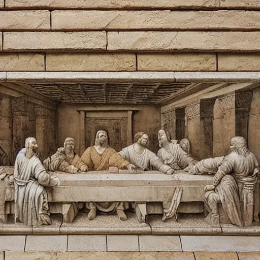 Image similar to on the wall of a stone temple, a large detailed stone carving of The Last Supper by Leonardo Da Vinci