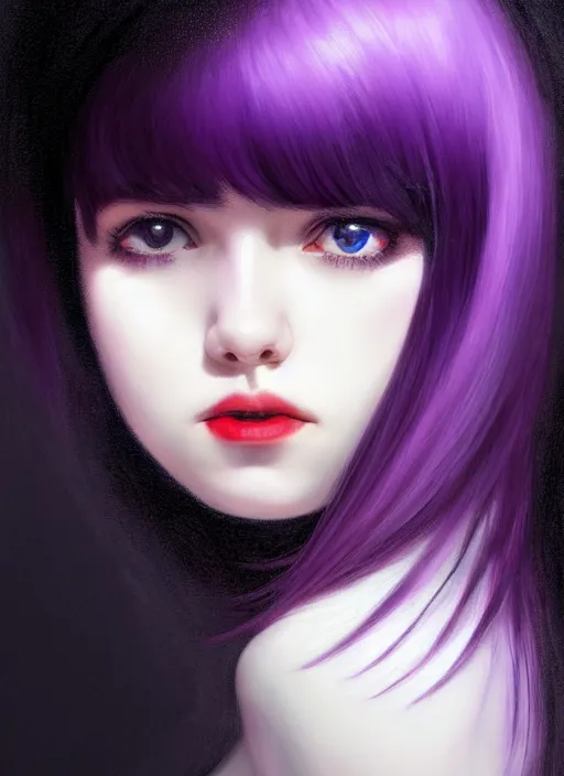 Image similar to hair blackbangs hair, white hair, blackbangswhitehair, portrait of teenage girl with black bangs, red irises, purple clothes, black bangs, bangs are white hair is black, intricate, elegant, glowing lights, highly detailed, digital painting, artstation, concept art, sharp focus, illustration, art by wlop, mars ravelo and greg rutkowski