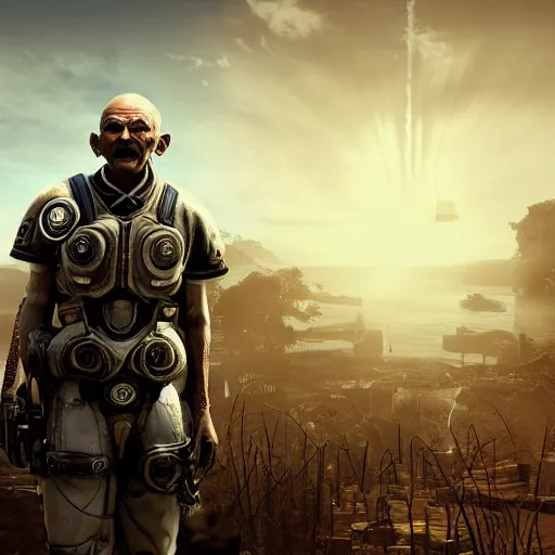 Image similar to Portrait of Mahatma Gandhi in Gears of War, splash art, movie still, cinematic lighting, dramatic, octane render, long lens, shallow depth of field, bokeh, anamorphic lens flare, 8k, hyper detailed, 35mm film grain