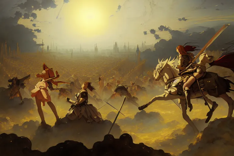 Image similar to baroque oil painting of key visual environment concept art of anime maids fighting a crusade in jerusalem, brutalist, dark fantasy, rule of thirds golden ratio, fake detail, trending pixiv fanbox, acrylic palette knife, style of makoto shinkai studio ghibli genshin impact jamie wyeth james gilleard greg rutkowski chiho aoshima