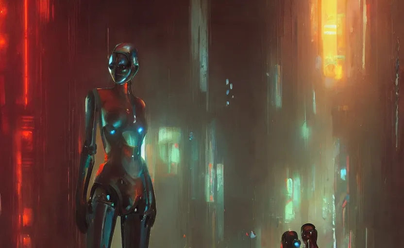 Prompt: a painting of a sensual robot from metropolis trending on artstation in the style of greg rutkowski, blade runner, cyberpunk