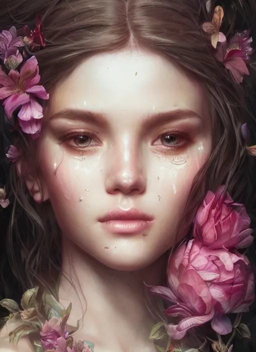 Image similar to beautiful, young woman, extremely detailed gorgeous face, looks realistic, hyper-detailed portrait, sad eyes tears, vaporwave aesthetic, synthwave, magical, fantasy, flowers, artist Artgerm and Greg Rutkowski and WLOP