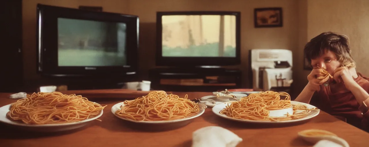 Image similar to watching tv while eating spaghetti,! alone!, 2 0 2 0, canon 5 0 mm, kodachrome, in the style of wes anderson