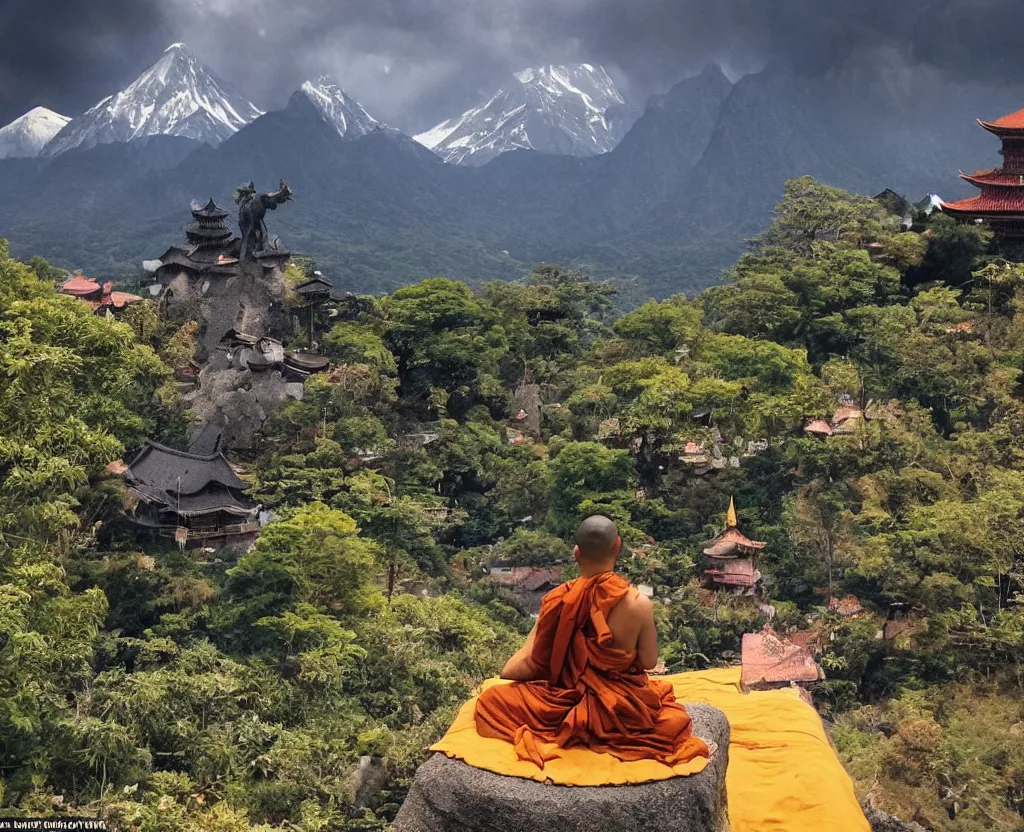 Prompt: a monk is meditating calmly on a beautiful mountain, in the foreground there is godzilla attacking a small village