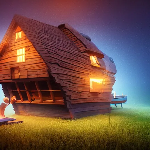 Prompt: a whale with a wooden house on his back, lights are on in the house, digital art, unreal engine, epic lighting, amazing, dreamlike, 3d render