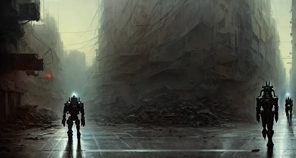 Prompt: hyper realistic sci - fi matte concept art painting of a mecha walking down a war torn street, beautiful details, strong composition painted by kim jung guweta studio rutkowski, james gurney and greg rutkowski, and lucasfilm, smooth, intricate, detailed, sharp focus, cinematic