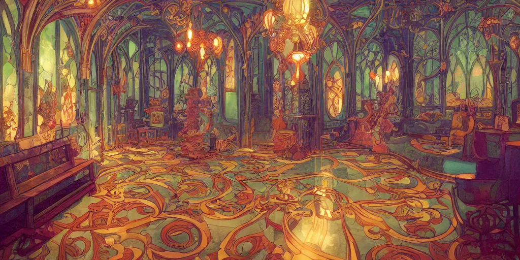 Image similar to an art nouveau decorated alchemy room, magical, bright, colorful, fantastic lighting, amazing details, 4 k uhd, illustration by hayao miyazaki and makoto shinkai and ilya kuvshinov, artstation, pixiv,