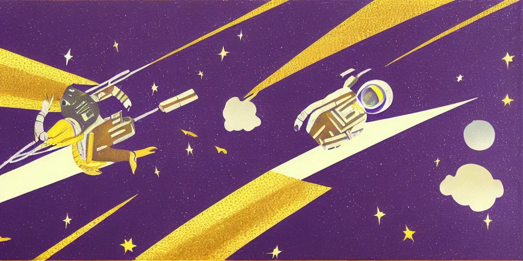 Prompt: textured art deco painting of astronaut, flying from bottom left to top right, muted, geometric, gold and deep purple background with lightning bolt