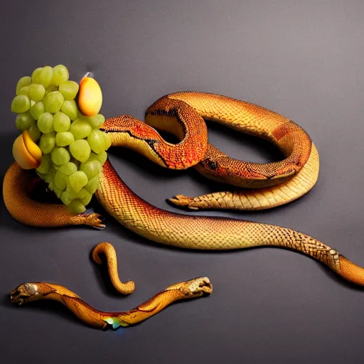 Prompt: award winning studio photography of a snake with weird fruit, studio lighting, solid background