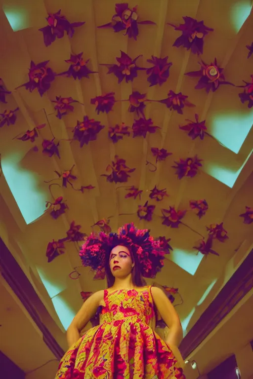 Image similar to giant flower head, frontal, girl standing in mid century hotel, surreal, symmetry, bright colors, cinematic, wes anderson