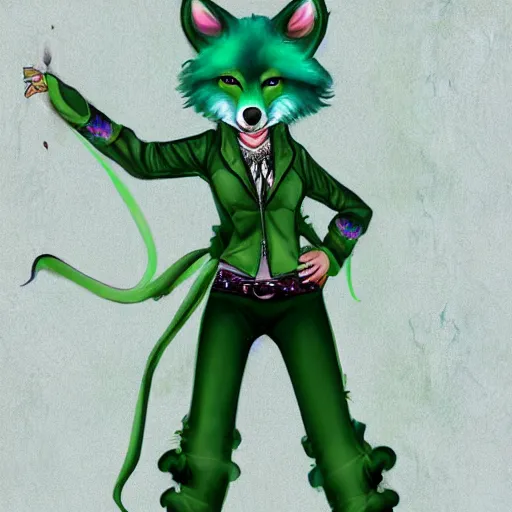 Image similar to Beautiful digital painting of an anthro anthropomorphic pastel-green wolf, Punk outfit. cute, cozy