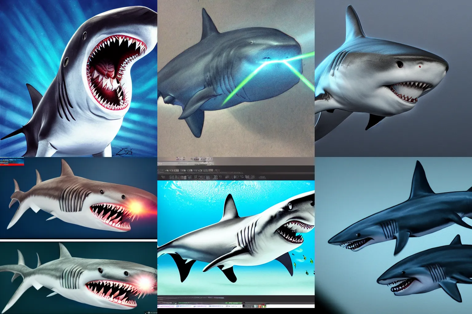 Prompt: sharks with laser beams attached to their heads, hyper realistic, highly detailed, trending on art station, sharp focus.