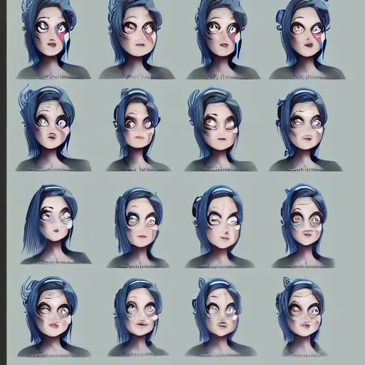 Prompt: a character expression sheet for a quirky female space engineer character in the style of an animated feature film concept art, detailed, beautiful digital painting, expressive, well drawn, expert, characterful, unique, emotive, emotional