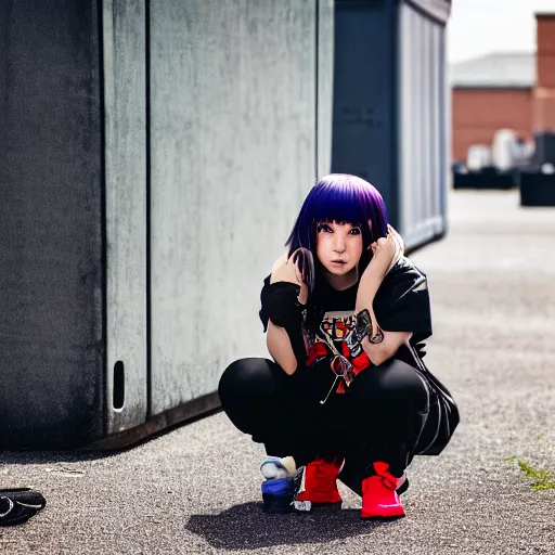 Image similar to photographic portrait of a streetwear anime girl crouched next to a dumpster, closeup, sigma 85mm f/1.4, 4k, depth of field, high resolution, 4k, 8k, hd, full color