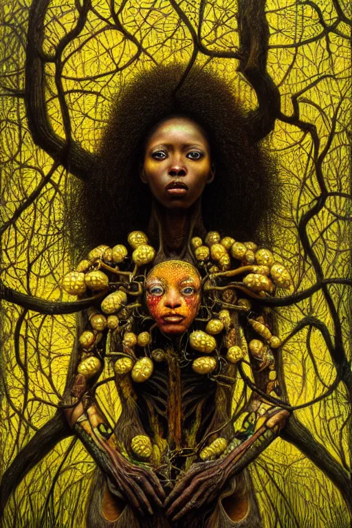 Prompt: hyperrealistic raphaelite super expressive! black woman with detailed exoskeleton armor, merging with tree in a forest, digital painting masterpiece brad kunkle hannah yata dramatic pearlescent yellow light low angle hd 8k sharp focus