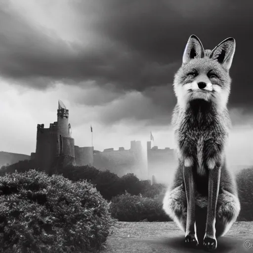 Image similar to anthropomorphic fox!! who is a medieval knight holding a sword towards a stormy thundercloud [ 1 9 3 0 s film still ], castle in the background