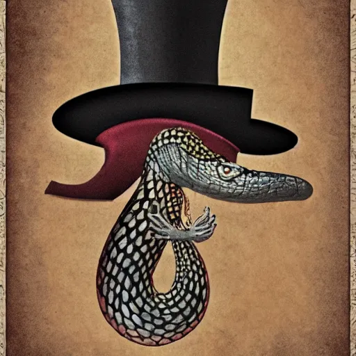 Image similar to snake man in top hat, children's book illustration, detailed, 4k