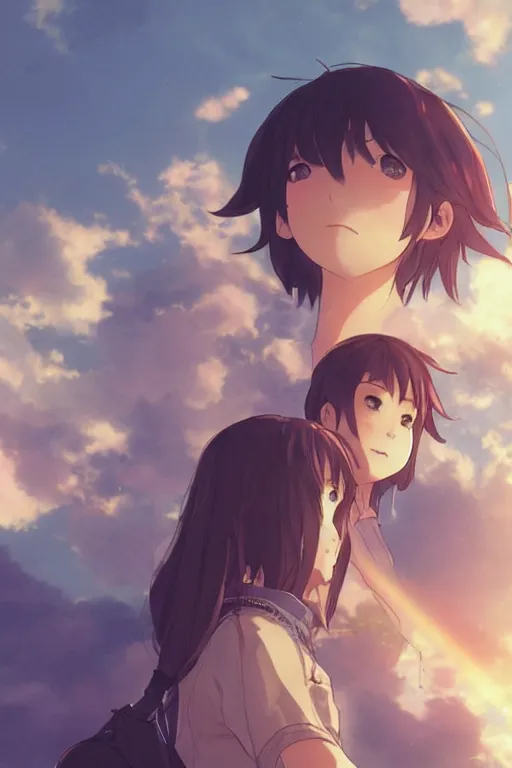 Prompt: Cute girls by Akihiko Yoshida and Makoto Shinkai, with backdrop of god rays