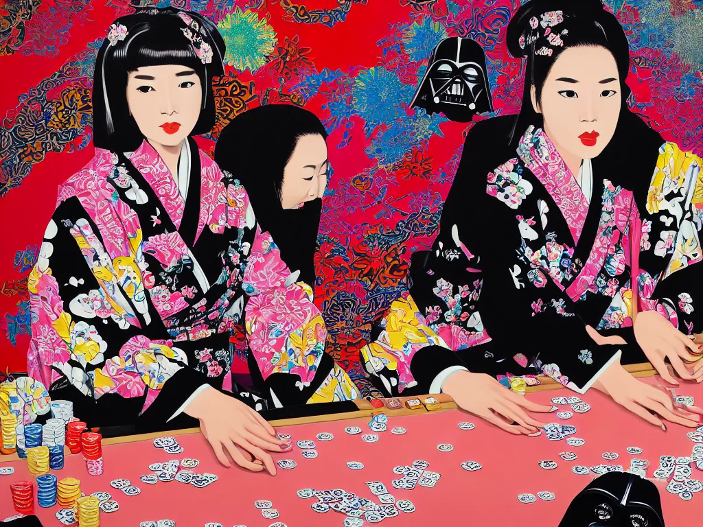 Image similar to hyperrealism composition of the detailed woman in a japanese kimono sitting at an extremely detailed poker table with darth vader, fireworks on the background, pop - art style, jacky tsai style, andy warhol style, acrylic on canvas