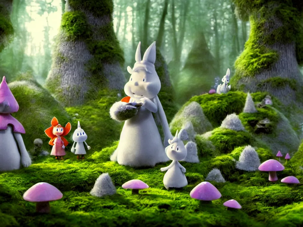 Image similar to the moomins wearing fluffy knight armor discovering the enchanted forest full of magic trees, mushrooms and moss and tiny fairies glowing in the dark, photorealistic painting, cgi, low volumetric light, movie still, very cute and cozy and fluffy and sweet