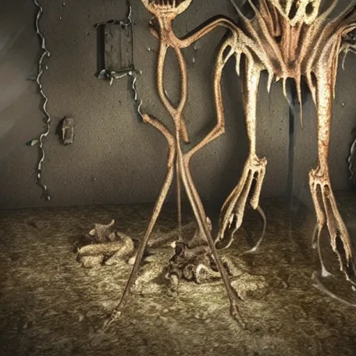 Prompt: a tripod macabre alien creature found in an abandoned basement, wet fungus dripping from the alien, amazing cgi