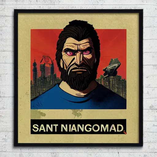 Image similar to saint homo neanderthalis portrait poster with book of science on his right hand, pop art, gta chinatown wars art style, bioshock infinite art style, hyperrealistic, two colors, paper border frame, 4 k, remove duplicate content, justify contents center.