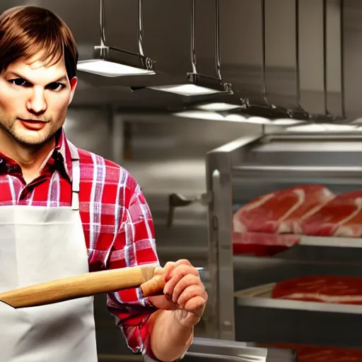 Image similar to ashton kutcher as a butcher wearing a bloody apron with a cleaver in his hand as he chops meat while working in a deli, realistic, hyperrealistic, ultra realistic, real, real world, highly detailed, very detailed, extremely detailed, intricate details, 8 k resolution, hd quality