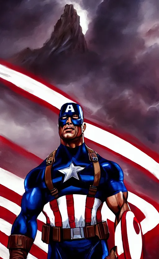 Prompt: dwayne johnson as captain america, dynamic lighting, cinematic, ultra detailed, trending on art station, stunning visuals, creative, fantasy concept art